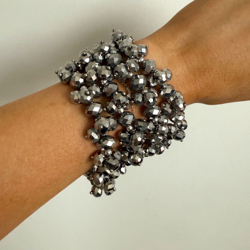 Set of 4 Silver Beaded Cluster Bracelets